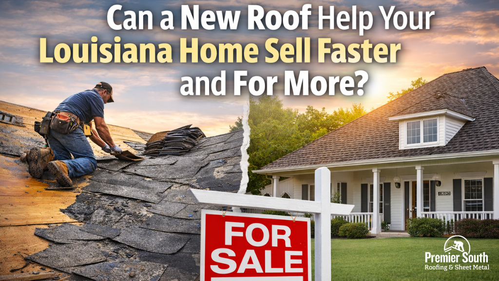 A roofer removes old shingles from a roof on the left; on the right, a house with a new roof and a "For Sale" sign. Text reads: "Can a New Roof Help Your Louisiana Home Sell Faster and For More?.